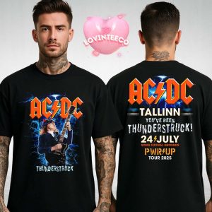 ACDC Thunderstruck Tour Merch At Song Festival Grounds In Tallinn Estonia On July 24 2025 Lightning Guitar Artwork PWR UP Edition Two Sides Unisex T-Shirt