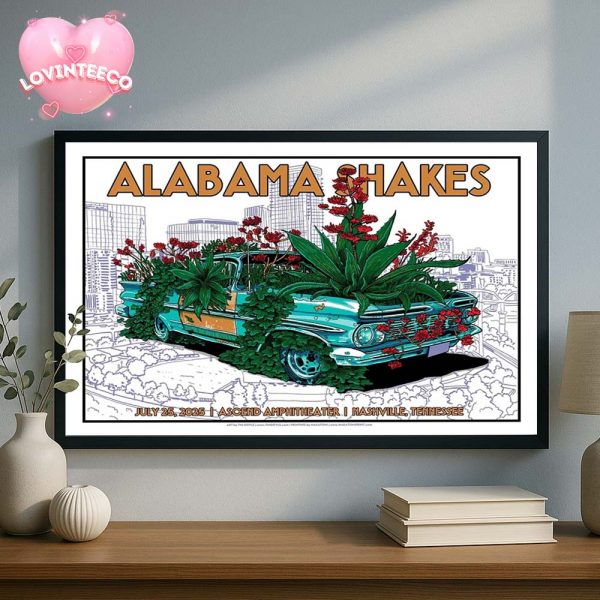 Alabama Shakes Live Art Print In Nashville Tennessee With Floral Vintage Car – July 25 2025 Home Decor Poster Canvas