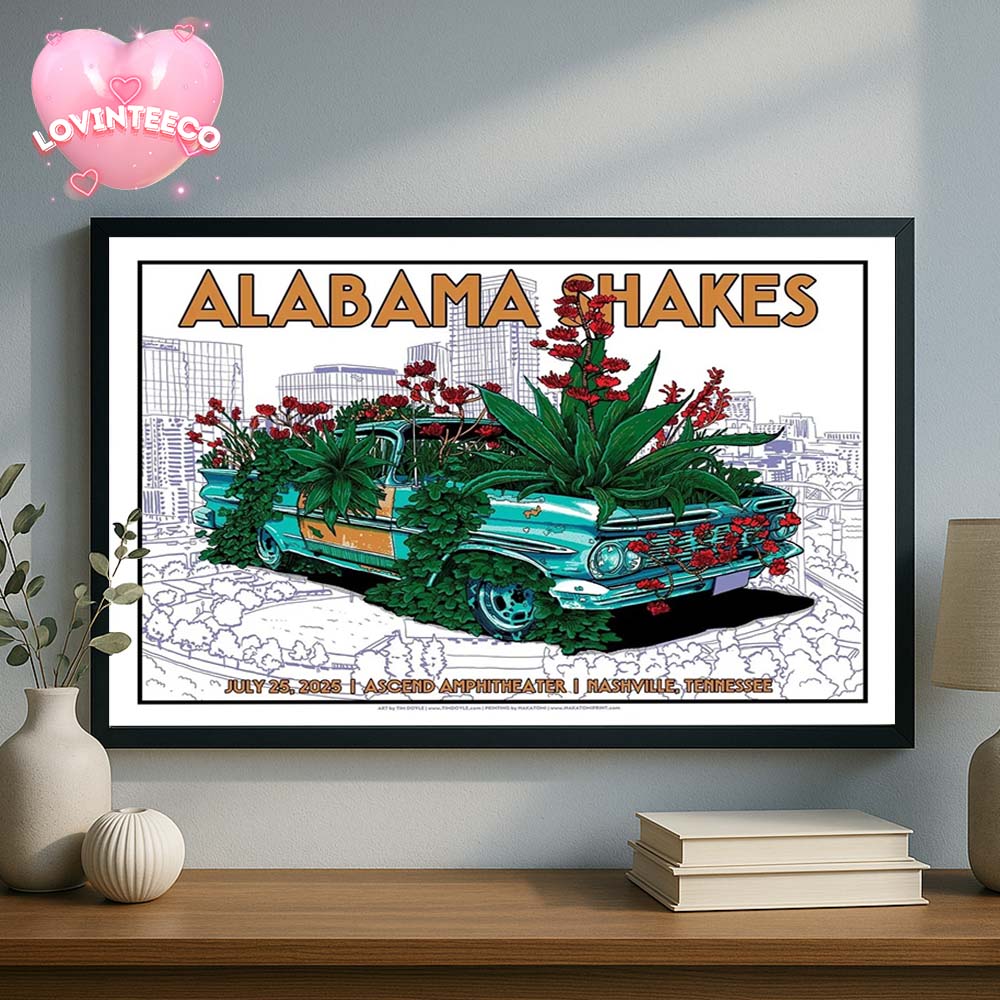 Alabama Shakes Live Art Print In Nashville Tennessee With Floral Vintage Car – July 25 2025 Home Decor Poster Canvas