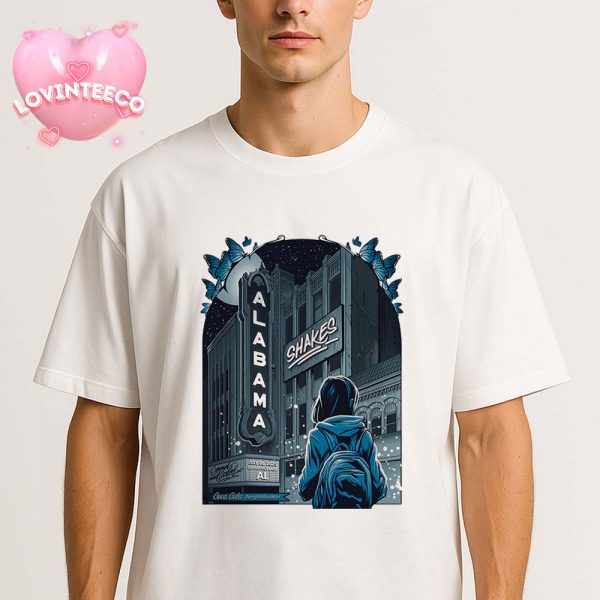 Alabama Shakes Music Poster At Coca Cola Amphitheater In Birmingham AL On July 26 2025 Night Street Scene With Girl And Butterflies Unisex T-Shirt
