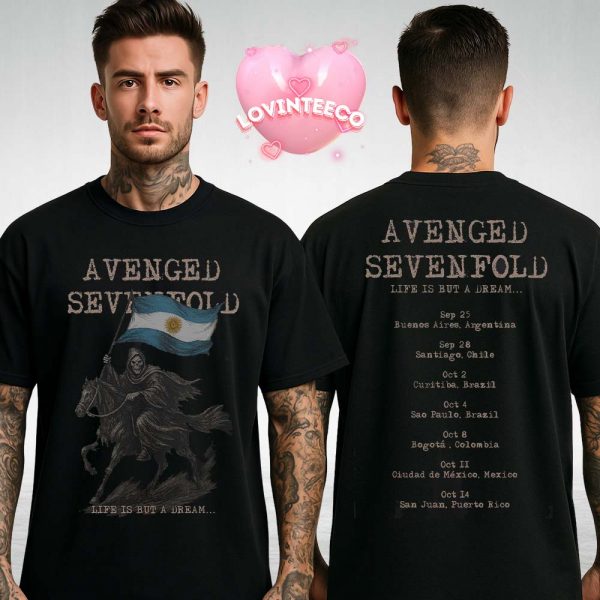Avenged Sevenfold Argentina 2025 Tour Shirt Grim Reaper with Flag Artwork Life Is But A Dream Dates Two Sides Unisex T-Shirt