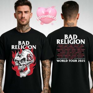 Bad Religion Head Wound Tour Shirt World Tour 2025 Punk Rock Band Tee With Flaming Skull Artwork And Back Print Concert Dates Two Sides Unisex T-Shirt