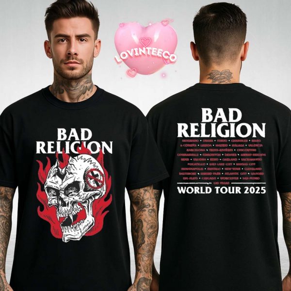 Bad Religion Head Wound Tour Shirt World Tour 2025 Punk Rock Band Tee With Flaming Skull Artwork And Back Print Concert Dates Two Sides Unisex T-Shirt