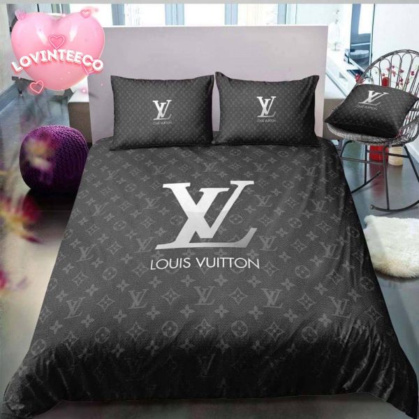Best Louis Vuitton Big Silver Logo In Dark Grey Monogram Background Bedding Set