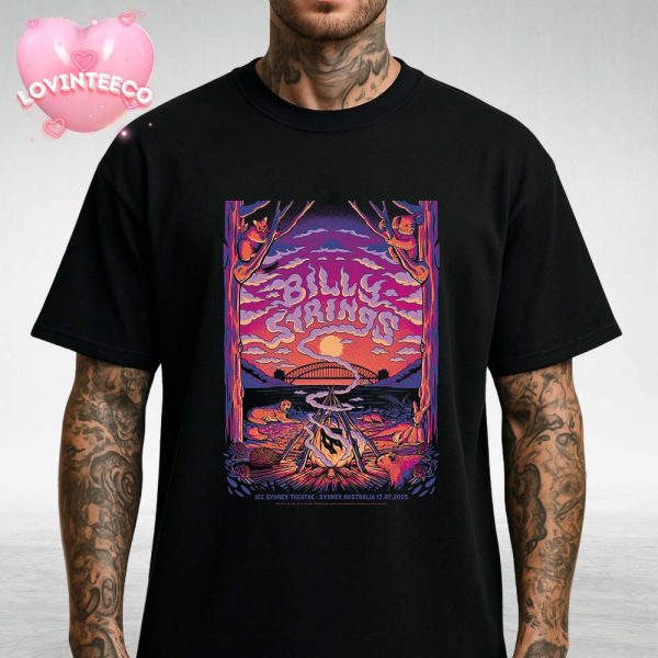 Billy Strings Poster Sydney Australia 2025 Campfire Sunset Psychedelic Folk Country Concert Art Kangaroo Koala Wildlife Scene Decor Unisex T-Shirt