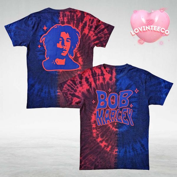 Bob Marley Tie Dye Shirt Red Blue Trippy Text and Portrait Graphic Tee All Over Print Shirt