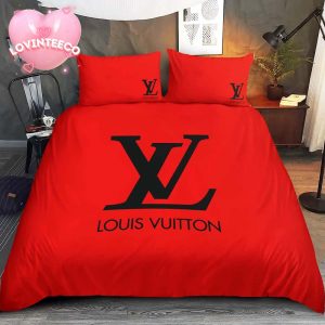 Classic Louis Vuitton Big Logo In Basic Red Background Bedding Set Queen Size