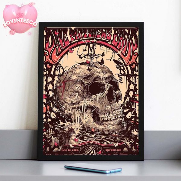 Dave Matthews Band Poster At Bank Of New Hampshire Pavilion In Gilford NH On July 22 2025 Skull Butterfly Artwork Home Decor Poster Canvas