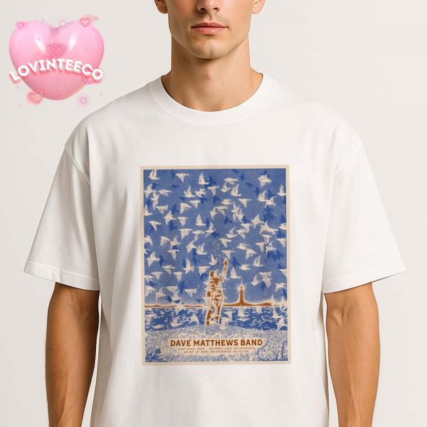 Dave Matthews Band Poster At Bank Of New Hampshire Pavilion In Gilford New Hampshire With Birds And Lighthouse Art July 23 2025 Unisex T-Shirt