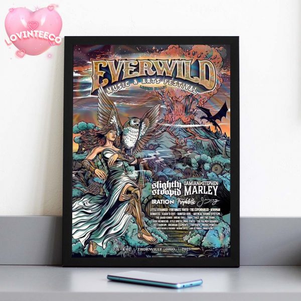 Everwild Music And Arts Festival Poster In Legend Valley Ohio On July 31 To August 2 2025 Mythological Fantasy Theme With Volcano And Owl Home Decor Poster Canvas