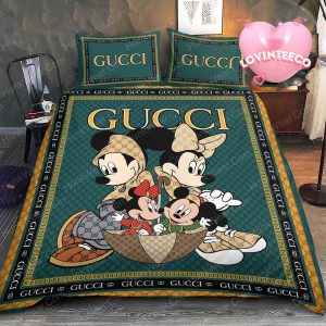 Gucci And Disney Mickey Mouse And Minnie Mouse Monogram Background Bedding Set
