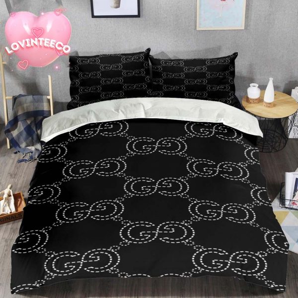 Gucci Luxury Brand Monogram Pattern Black Logo Stripe Duvet Cover Bedding Set