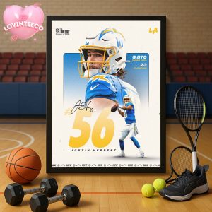 Justin Herbert NFL Top 100 Poster Ranked 56 for 2025 Season with LA Chargers NFL Season Home Decor Poster Canvas