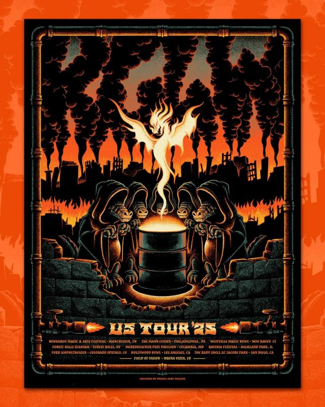 King Gizzard Tour Poster In Multiple US Cities 2025 With Apocalyptic Fire Demon Concept