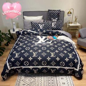 Louis Vuitton Big Logo In Black Monogram Background Comforter Bedding Set