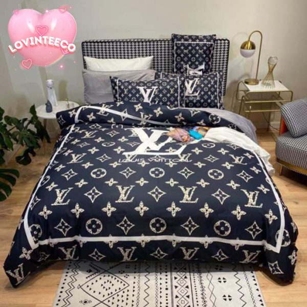 Louis Vuitton Big Logo In Black Monogram Background Comforter Bedding Set