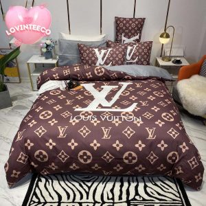 Louis Vuitton Big Logo In Signature Brown Monogram Background Bedding Set Queen Size