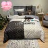 Louis Vuitton Big Logo With Colorful Icon With Grey Monogram Pattern In White Background Bedding Set