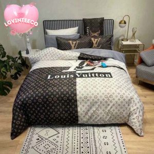 Louis Vuitton Big Logo With Checker Board Effect Black And White Monogram Background Comforter Bedding Set