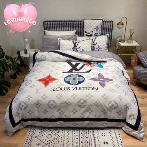 Louis Vuitton Big Logo With Colorful Icon With Grey Monogram Pattern In White Background Bedding Set