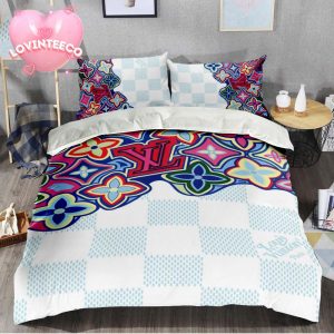 Louis Vuitton Colorful Monogram Icons Dripping Effect In Mint And White Checker Pattern Bedding Set