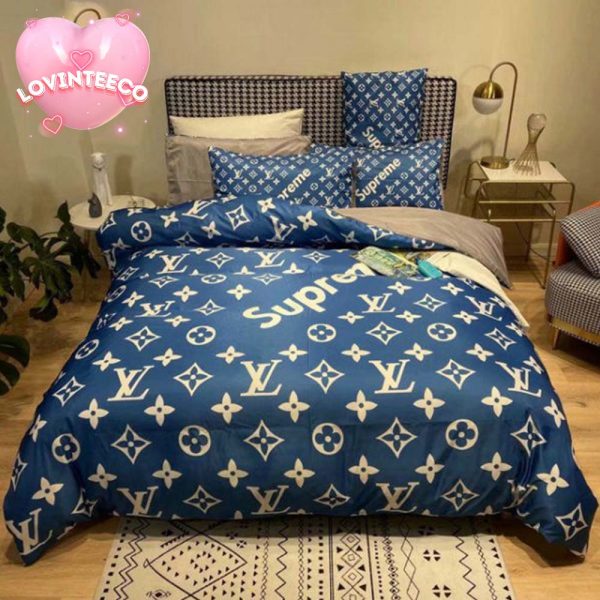 Louis Vuitton x Supreme In Blue Monogram Edition Background Comforter Bedding Set