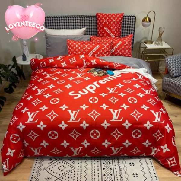 Louis Vuitton x Supreme In Signature Red Monogram Background Comforter Bedding Set