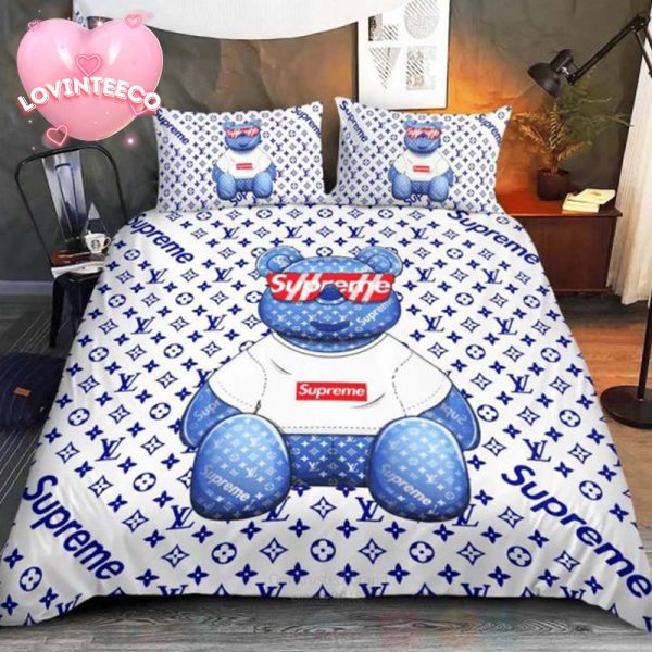 Louis Vuitton x Supreme Teddy Bear With Blue Monogram In White Background Bedding Set