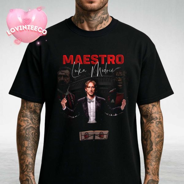 Luka Modric Maestro Poster With AC Milan Suit And Conductor Theme Legendary Midfield Tribute Art Unisex T-Shirt