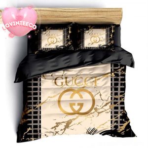 Luxury Gucci Big Logo Black And Gold With Vintage Monogram Background Bedding Set