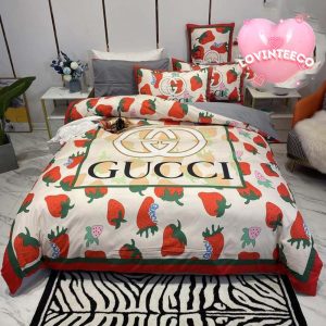 Luxury Gucci Big Logo With Strawberry Cute Monogram Background Bedding Set