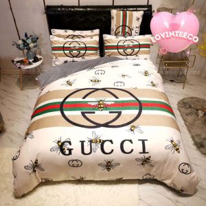 Luxury Gucci Big Logo With Vintage Bee Monogram Background Bedding Set