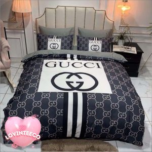 Luxury Gucci Navie Big Logo With Pattern Vintage Monogram Background Bedding Set