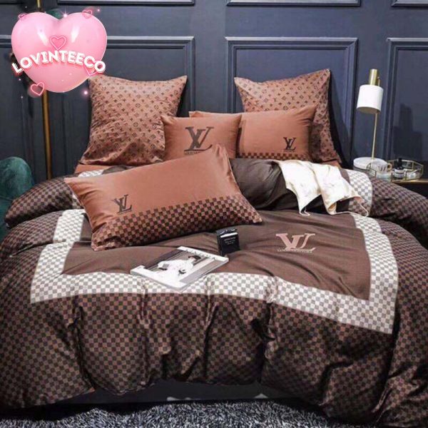 Luxury Louis Vuitton Brown Shades Of Monogram Checker Board Bedding Set