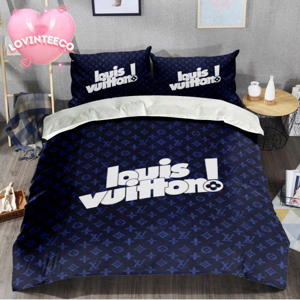 Luxury Louis Vuitton Cartoon Logo Font In Deep Blue Monogram Background Bedding Set
