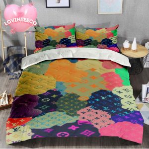 Luxury Louis Vuitton Collage Art Colorful Of Many Pieces Of Monogram Bedding Set