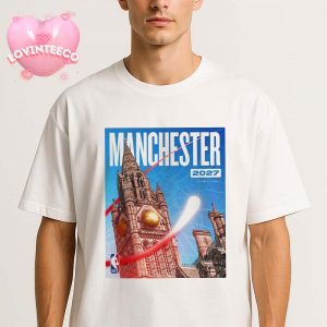 NBA Basketball Art At Manchester UK In 2027 Featuring Town Hall And Golden Ball Theme Unisex T-Shirt