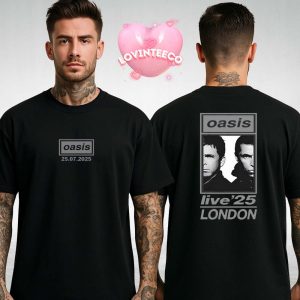 Oasis Band T-Shirt Live Show Tee In London England On July 25 2025 Featuring Black White Portrait Design Front And Back Two Sides Unisex T-Shirt