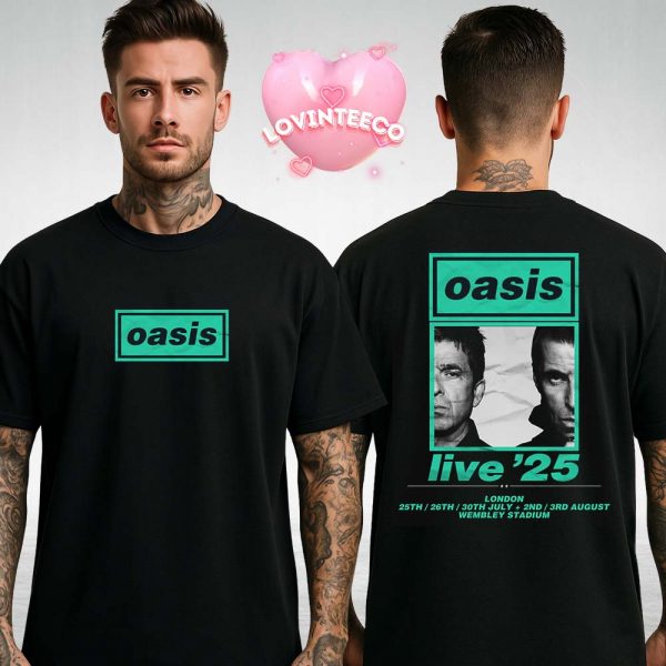 Oasis Live Show Poster At Wembley Stadium In London On July 25 To August 3 2025 With Split Portrait Artwork Two Sides Unisex T-Shirt