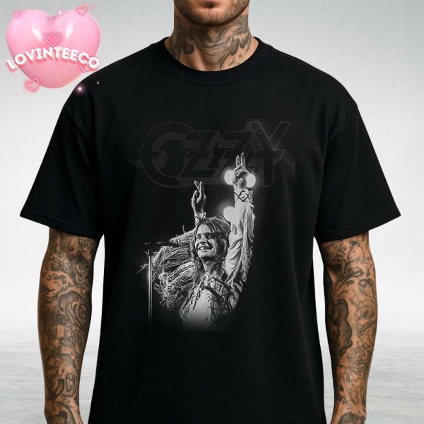 Ozzy Osbourne Tribute Poster On Stage Peace Sign Black And White Vintage Style Unisex T-Shirt