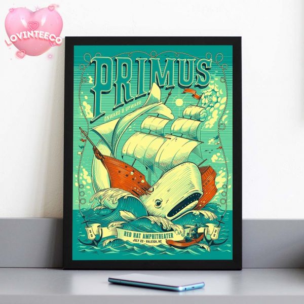 Primus Poster At Red Hat Amphitheater In Raleigh NC On July 23 2025 Featuring Whale Ship Illustration Home Decor Poster Canvas