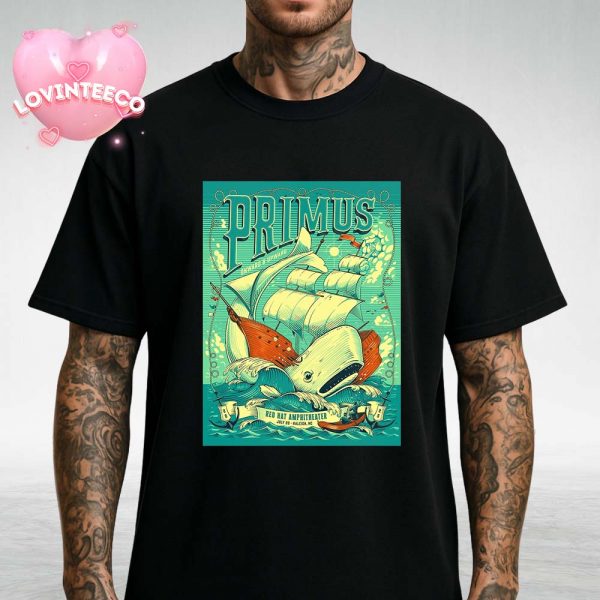 Primus Poster At Red Hat Amphitheater In Raleigh NC On July 23 2025 Featuring Whale Ship Illustration Unisex T-Shirt