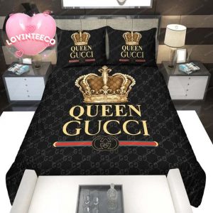 Queen Gucci Luxury Big Logo With Vintage Monogram Background Bedding Set