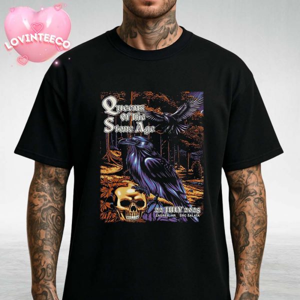 Queens Of The Stone Age Poster At SRC Salata In Zagreb Croatia On 22 July 2025 With Raven And Skull Artwork Unisex T-Shirt
