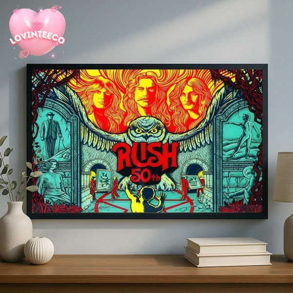 Rush 50th Anniversary Poster Featuring Band Portraits And Owl Artwork In Surrealist Museum Style Home Decor Poster Canvas