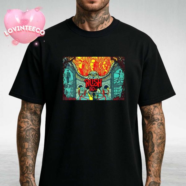 Rush 50th Anniversary Poster Featuring Band Portraits And Owl Artwork In Surrealist Museum Style Unisex T-Shirt