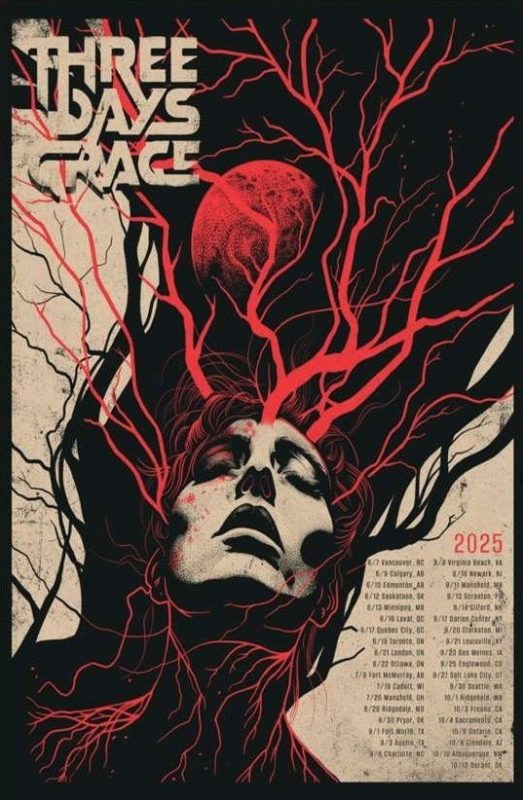 Three Days Grace Poster For 2025 Tour With Red Veins And Face Artwork