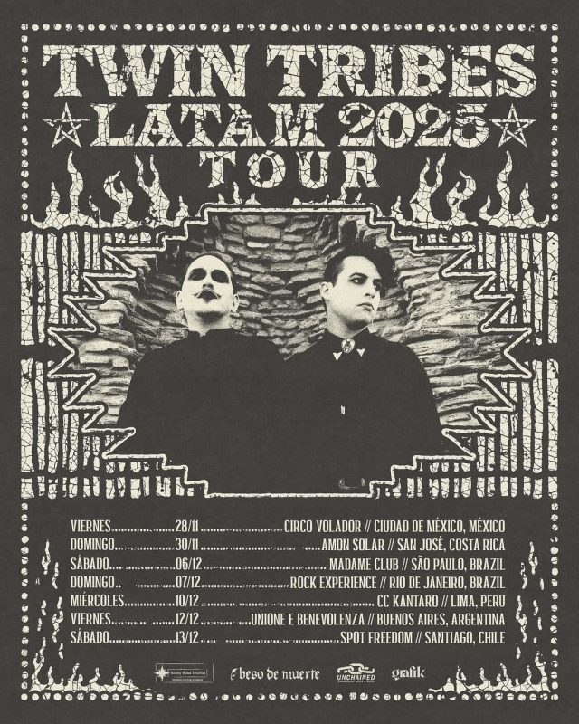 Twin Tribes Poster For LATAM Tour In Mexico Costa Rica Brazil Peru Argentina Chile 2025 Featuring Gothic Rock Aesthetic