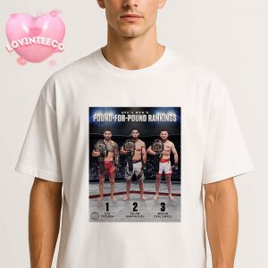 UFC Pound For Pound Rankings 2025 With Ilia Topuria Islam Makhachev And Merab Dvalishvili Holding Championship Belts Unisex T-Shirt