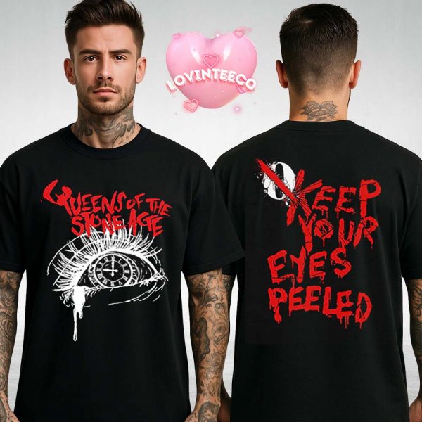 Queens Of The Stone Age T-Shirt Keep Your Eyes Peeled With Melting Clock Eye Graphic Two Sides Unisex T-Shirt